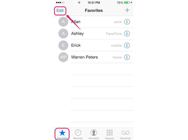 Un contact's call information appears to the right of his name, such as Mobile, Home or FaceTime.