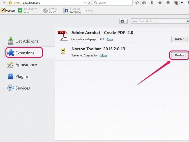 Désactivez l'extension barre d'outils Norton.