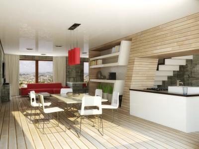 Une salle de séjour et salle à manger moderne avec des tons neutres et des touches de rouge.